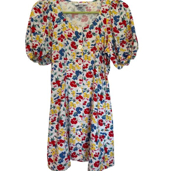 Rixo Colorful Floral Button Down Puff Sleeve Linen Blend Mini Dress Size 0 - Picture 1 of 8